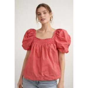 Maeve by Anthropologie Smocked Puff Sleeve  Top Coral Pink Medium Romance Boho